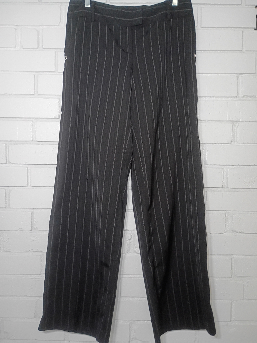 Arden B Black Pinstripe Wide Leg Trousers W/Edgy Chain In Rear Size 6